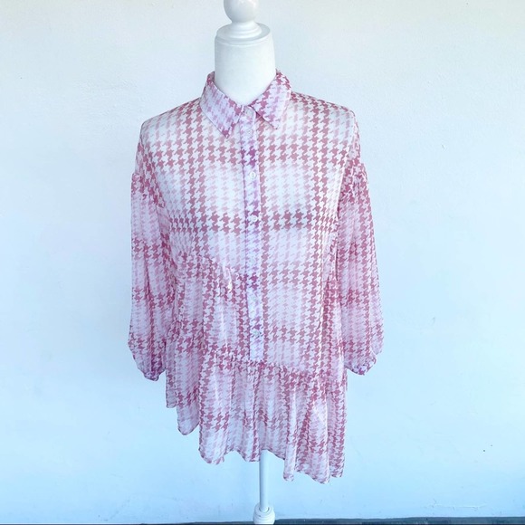 Topshop Pink Check Tiered Long Sleeve Asymmetrical Blouse Button Down Shirt - Picture 10 of 12